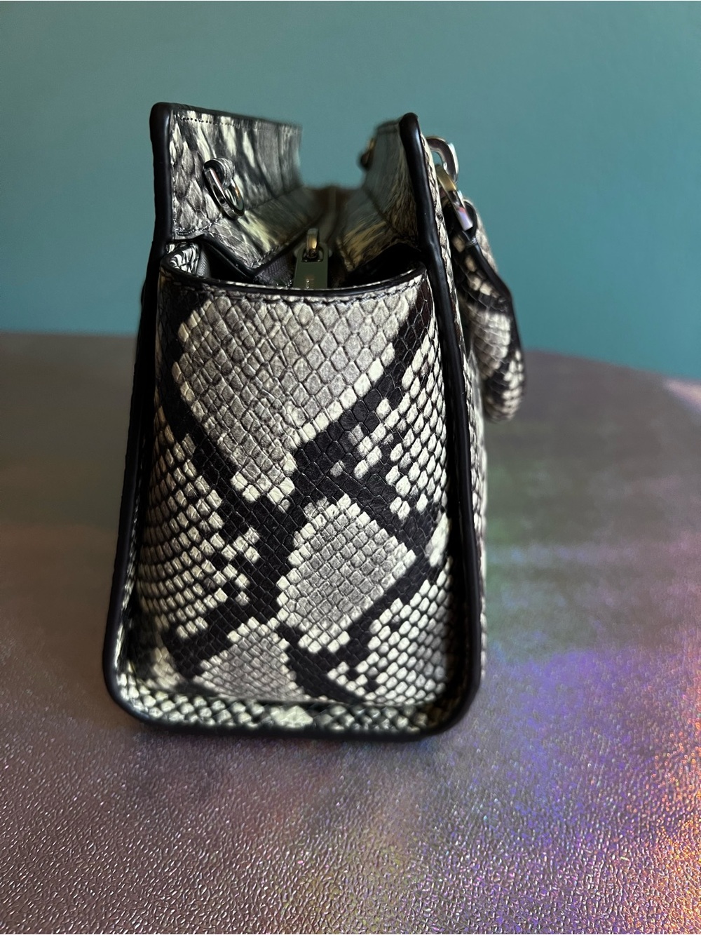 Michael Kors Black and White Python Embossed Leather Satchel - Picture 4 of 8